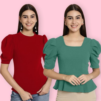 Tromko Casual Solid Women Dark Green, Maroon Top