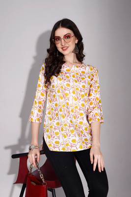 SANGOURI Casual Floral Print Women Yellow Top