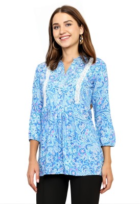 PERFETTE WOLLO Casual Printed Women Blue Top