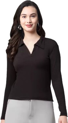 Diving Deep Casual Solid Women Black Top