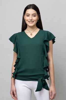 PURYS Casual Solid Women Green Top
