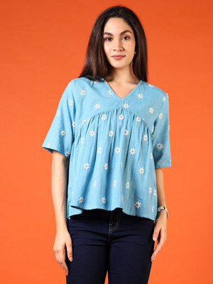 V-MART Casual Self Design Women Blue Top