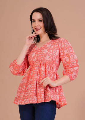 HouseOfCommon Casual Printed Women Orange Top