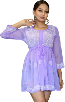 myplusfashion Casual Embroidered Women Purple Top