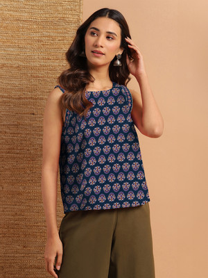 Janasya Casual Floral Print Women Blue Top