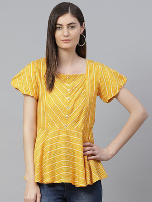 Yash Gallery Casual Short Sleeve Striped Women Yellow Top