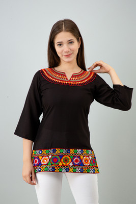 HARIOMCOLLECTIO Casual Solid, Embroidered Women Black Top