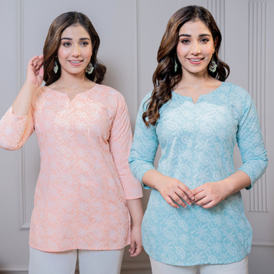 I N ENTERPRISES Casual Floral Print Women Orange, Blue Top