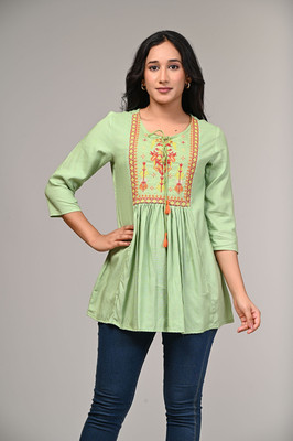 Gauri Creation Casual Embroidered Women Light Green Top