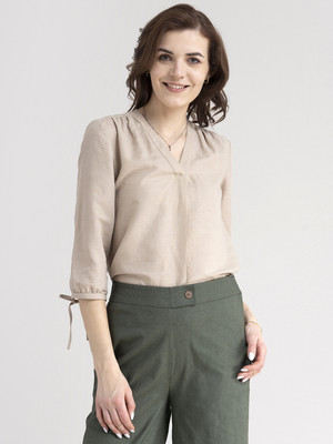 Fable Street Casual Solid Women Beige Top