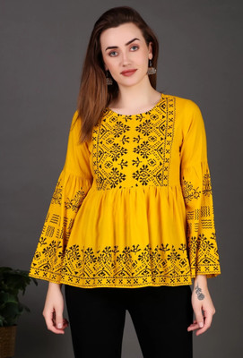 FashionFlame Casual Printed Women Yellow Top