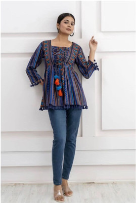 UNIFYFASHION Casual Printed Women Blue Top