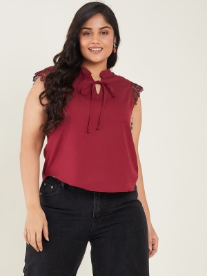 CURVE BY KASSUALLY Casual Solid Women Maroon Top