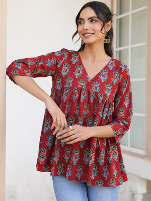 Janasya Casual Floral Print Women Maroon Top