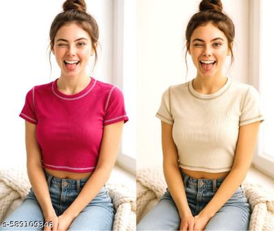 Crezystyl Casual Self Design Women Pink, Beige Top