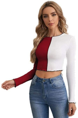 Siyara Casual Color Block Women Maroon Top