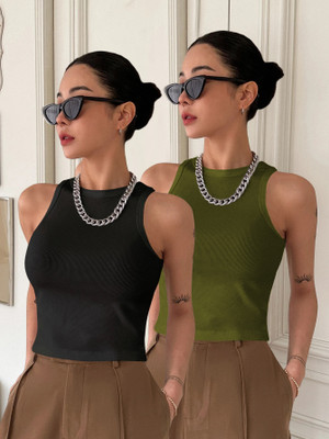METRONAUT Casual Solid Women Black, Green Top