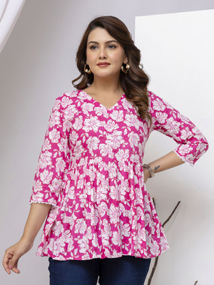 Nishabd Casual Floral Print Women Pink, White Top