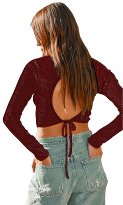 jovo Casual Self Design Women Maroon Top