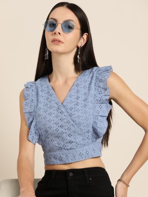 Moda Rapido Casual Embroidered Women Blue Top