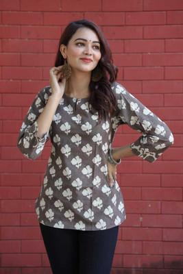 craftwell studio Casual Self Design Women Grey Top