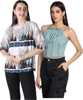 GRECIILOOKS Casual Printed Women Multicolor, Black Top