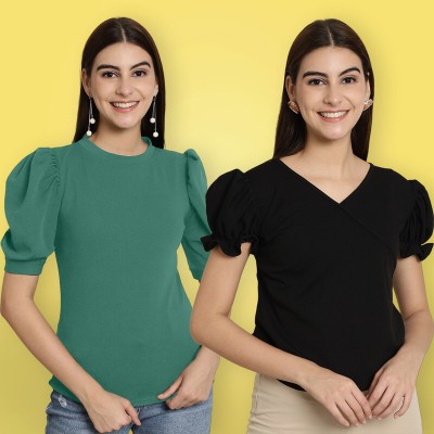 METRONAUT Casual Solid Women Light Green, Black Top