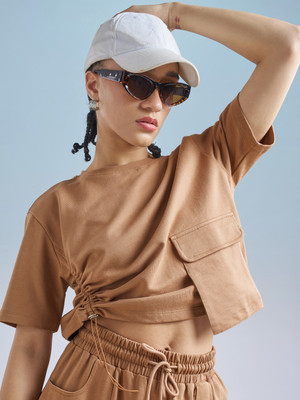 Tokyo Talkies Casual Solid Women Brown Top