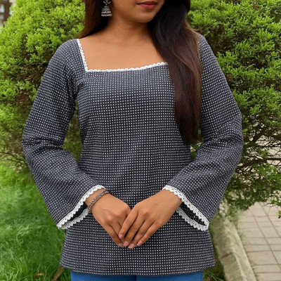 SAJAWAT INSAAN Casual Polka Print, Lace Women Black Top
