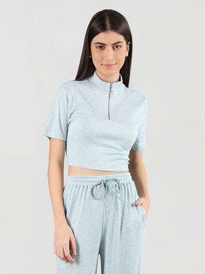 CHKOKKO Casual Self Design Women Light Blue Top
