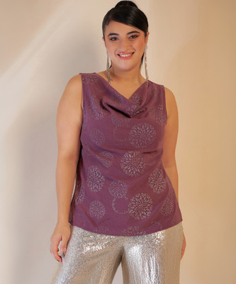 CURVE BY KASSUALLY Casual Printed Women Purple, Silver Top