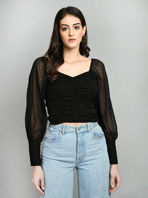 PRETTY LOVING THING Casual Self Design Women Black Top