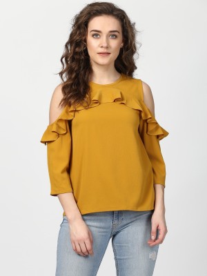 HARPA Casual Cold Shoulder Solid Women Yellow Top