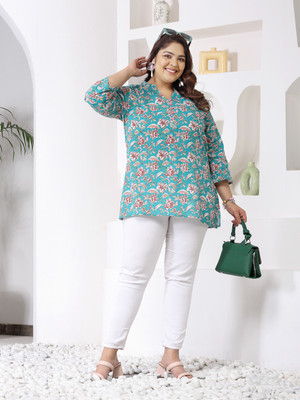 Little More By Stylum Women Floral Print A-line Kurta(Light Blue)