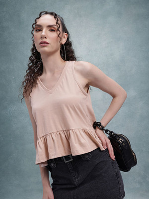 Roadster Casual Solid Women Brown Top
