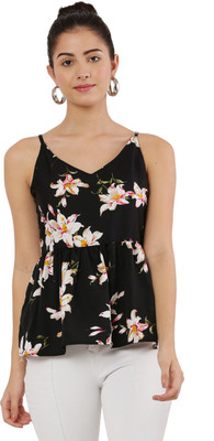Asad Fashion Casual Floral Print Women Black Top