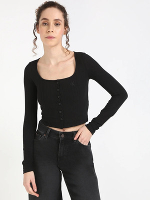 Calvin Klein Jeans Casual Self Design Women Black Top