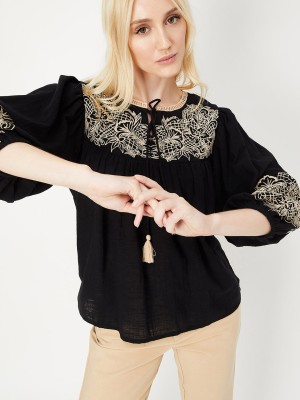 MAX Casual Embroidered Women Black, Beige Top