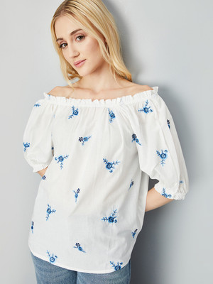 MAX Casual Printed Women Blue, White Top