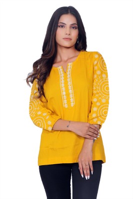 FORWEAR Casual Embroidered Women Yellow, White Top