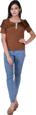 Mimoo Fashionz Party Solid Women Brown Top