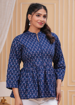 Threadflix Casual Printed Women Blue Top