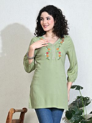 Meesan Casual Embroidered Women Light Green Top