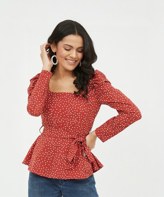 HARPA Casual Full Sleeve Printed Women Orange Top