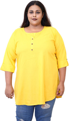 myplusfashion Casual Solid Women Yellow Top