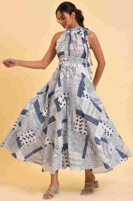 W Women Fit and Flare Dark Blue, White Maxi/Full Length Dress