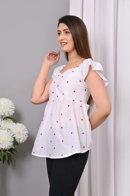 IQRRAR Casual Printed Women White, Red Top