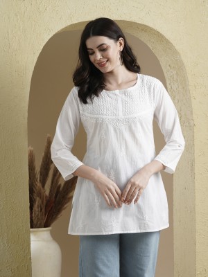 ADA Casual Full Sleeve Embroidered Women White Top