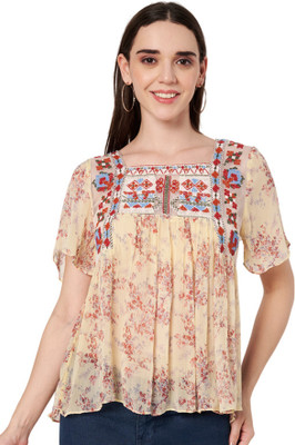 AMAGYAA Casual Self Design Women Yellow Top