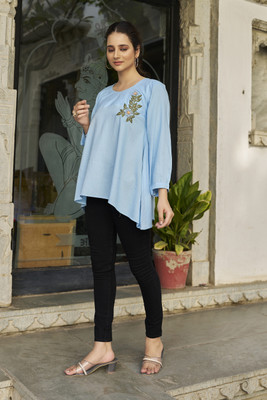 Peach Piper Casual Embroidered Women Light Blue Top